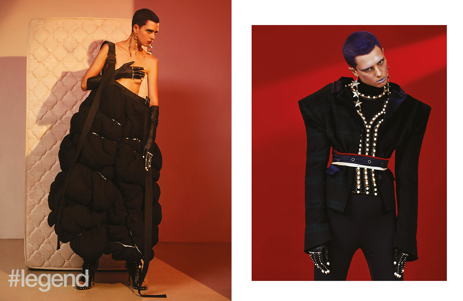 LEFT: Dress _ Marrknull | Earrings _ Zwai Kwok | Shoes _ Stylist’s own; RIGHT: Earrings _ Zwai Kwok | Sweater and gloves _ Laurence & Chico | Jacket, belt and trousers _ Mukzin